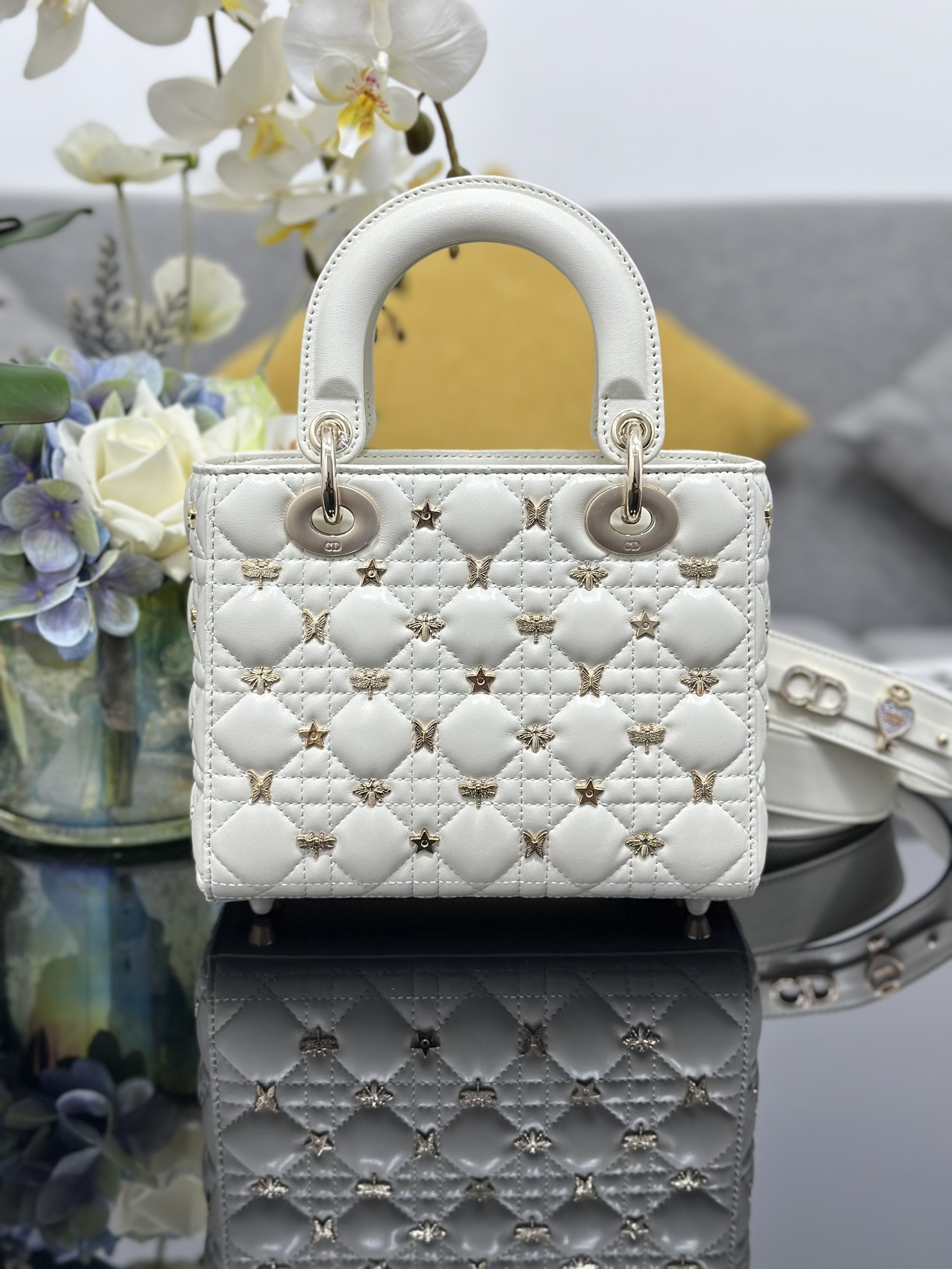 Small Lady Dior Bag White Lambskin with Dragonfly Nail